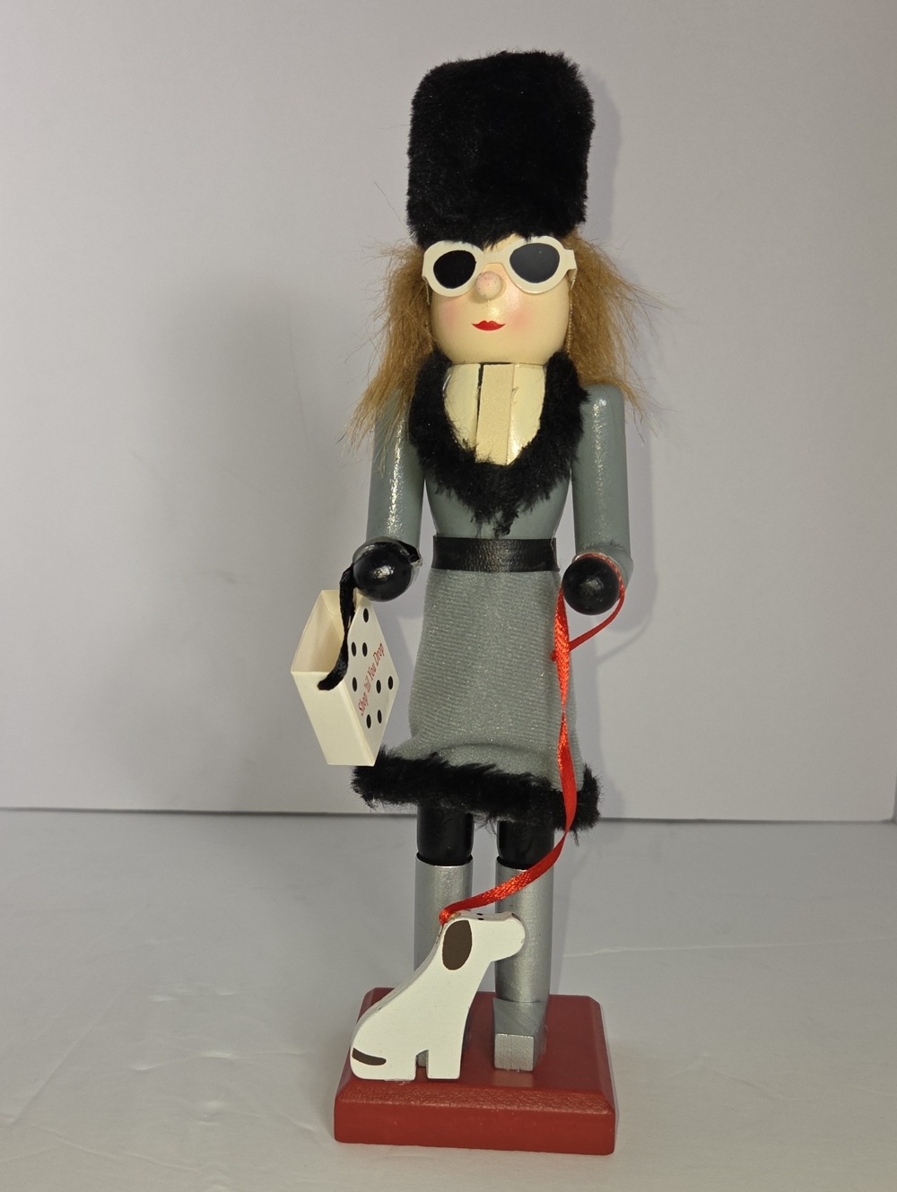 Pier 1 Import Wooden Nutcracker Lady in Gray with Black Fur Trim 10" Tall